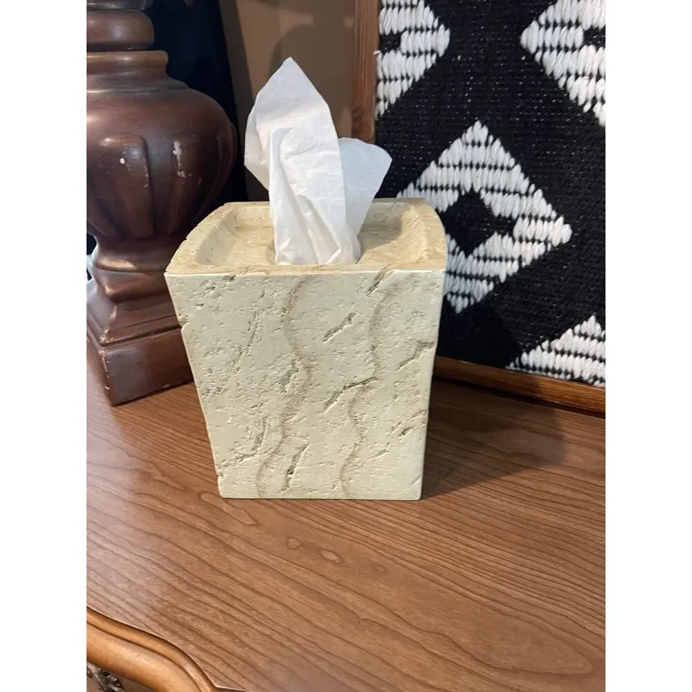Ceramic Stone Tissue Box Holder | Crackled Texture Cream Tissue Cover